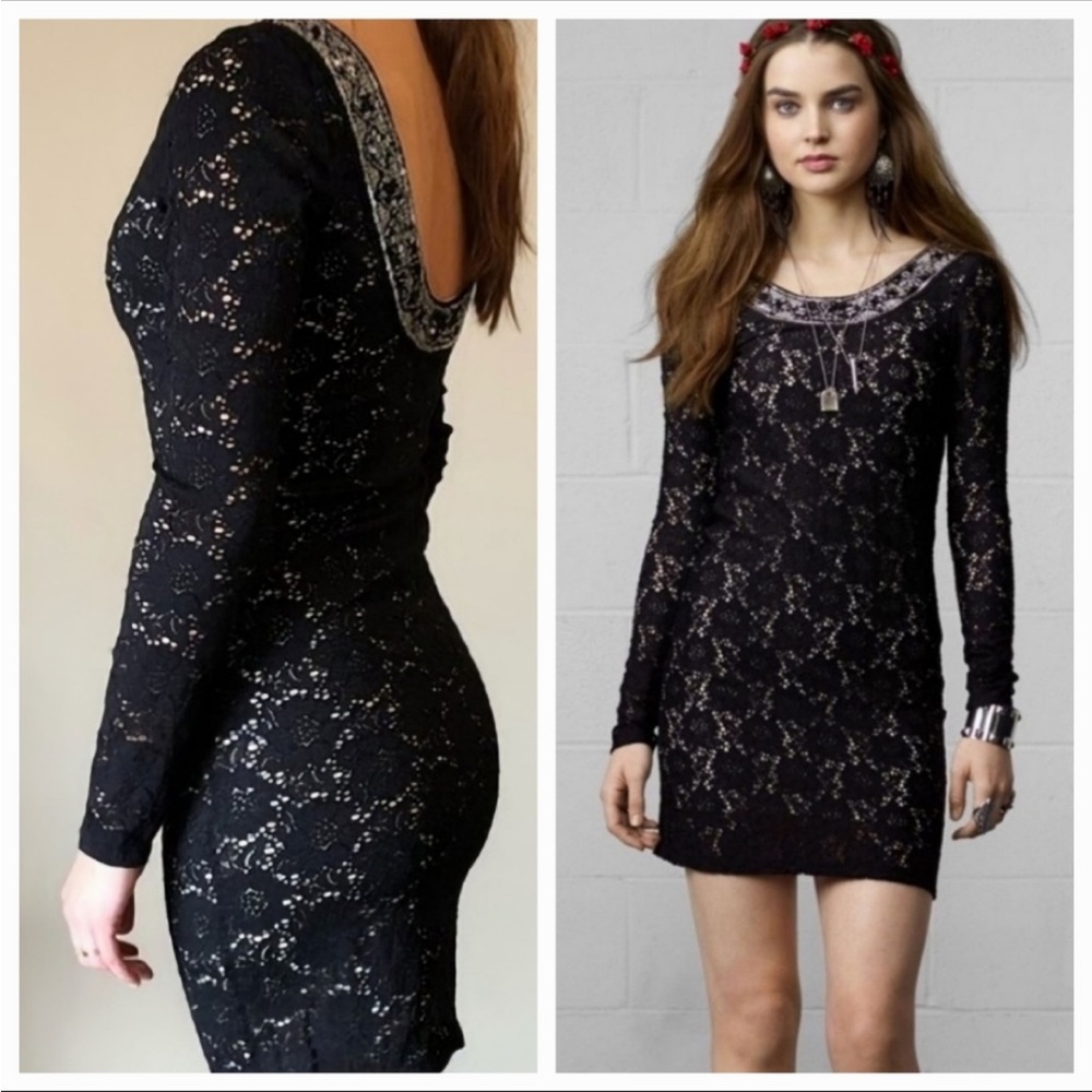 Denim & Supply Ralph Lauren Black Lace Bodycon Mini Dress Beaded Neck Boho Goth
